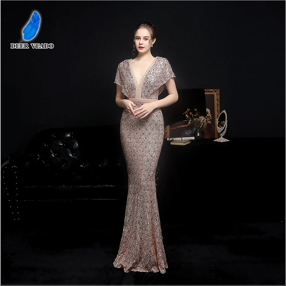 DEERVEADO Elegant Gold Sequin Dress for Women Evening Dress with Beads Cap Sleeve Mermaid Party Dresses Evening Gown K18611