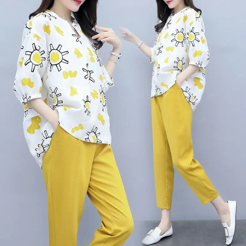 

Summer Women Two Piece Set Loose Printed Shirt Tops + Pants Suits Office Lady Fashion Sets Women's Clothes 2023 Y126