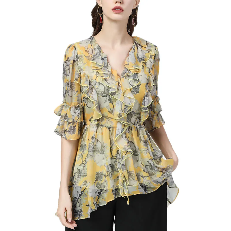 Fashion 3D Cascading Ruffles Chiffon Floral Printing Blouse Women Summer Mid-Length V-Neck Defined Waist Slmming Tops 2021 New