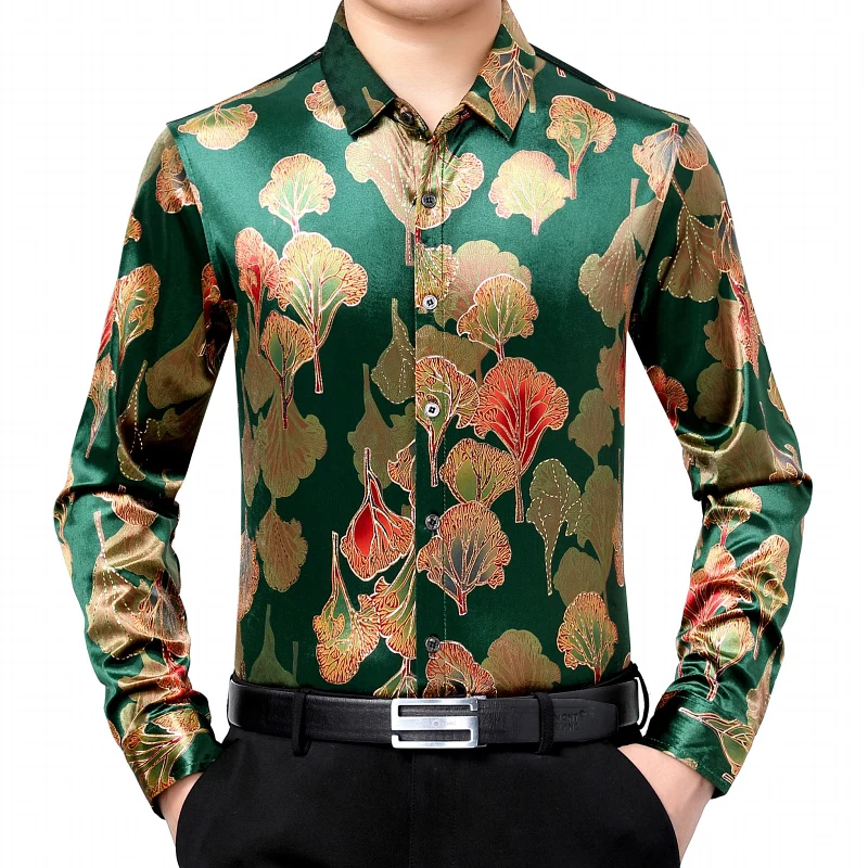 

Men's 2021 Trendy Fashion Silk Velvet Clothes Autumn & Spring Floral Printed Velour Shirts Long Sleeve Casual Gold Velvet Dress