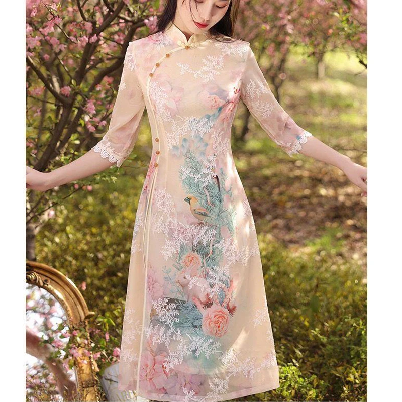 Phương Đông Áo Người Phụ Nữ Thanh Lịch Trung Quốc Qipao Sườn Xám Châu Á Đầm Hiện Đại Năm 2022 Truyền Thống Đầm Ren Hoa Vintage Đảng