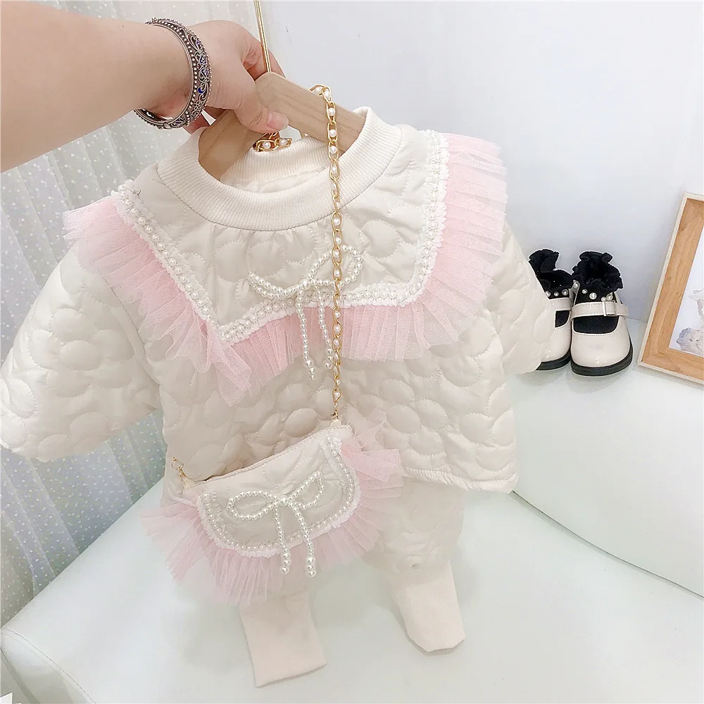 Fashion Baby Girls Pearls Beading Lace Pullover Outwear Coats+Pants 2Pcs Autumn Winter Children Clothing Sets Kids Warm Snowsuit