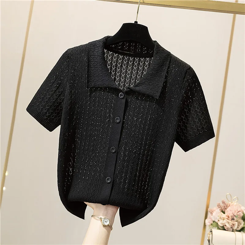 Knitting Women\'s Ribbed Button Up Polo Shirt Female Chic Solid Short Sleeve Green Top Hollow Out Tees Purple Clothing