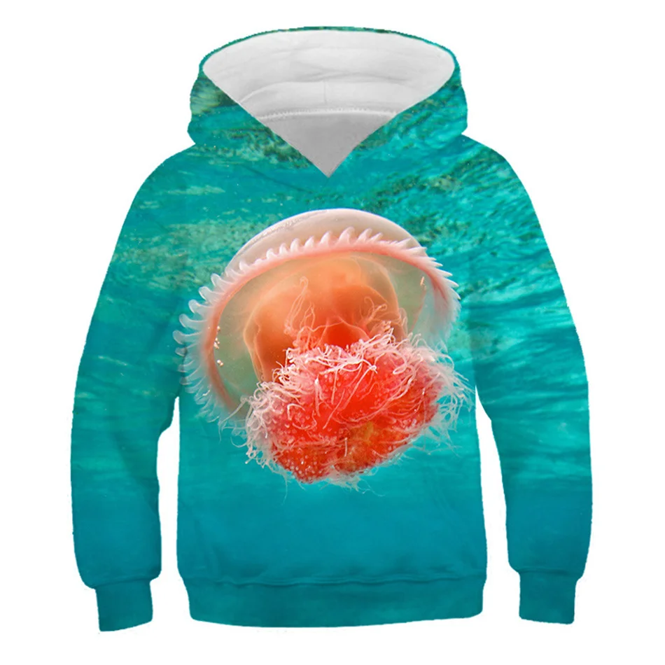 

4-13Y Boy Girl Blue 3D Hoodies Ocean Animal Coral Jellyfish Fish Funny Printed Kids Clothing Hooded Sweatshirt Children Pullover