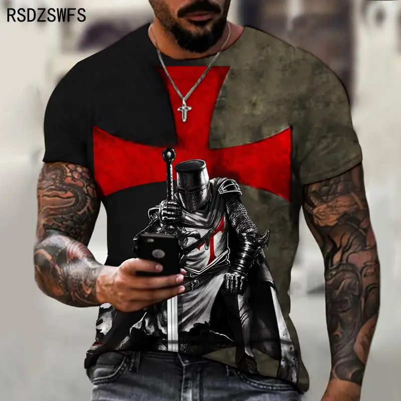 Samurai Pattern Knights Templar 3D Print T-Shirt Retro Style Of European And American Street Short Sleeve T Shirt Men Tops Tees