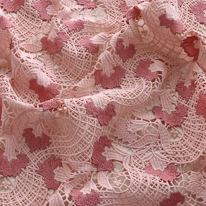 

0.5Meters 125Cm Wide Water-Soluble Cherry Pink Embroidered Flower Lace Fabric For Cheongsam Dress Designer Fabric