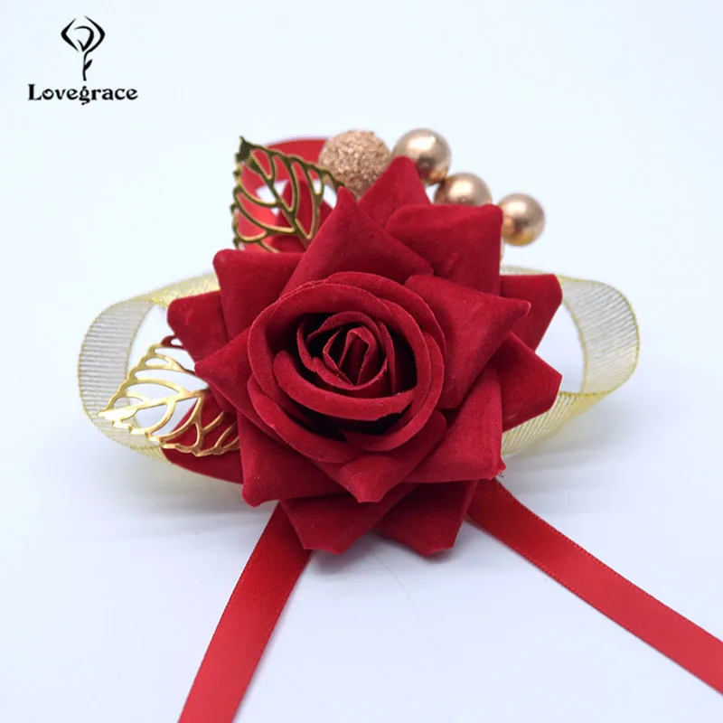 Lovegrace-Corsage de poignet de mariée, boutonnière de mariage, demoiselle d'honneur, bracelet élastique en dentelle, fête de fleurs, corsage de Rh, fournitures de mariage