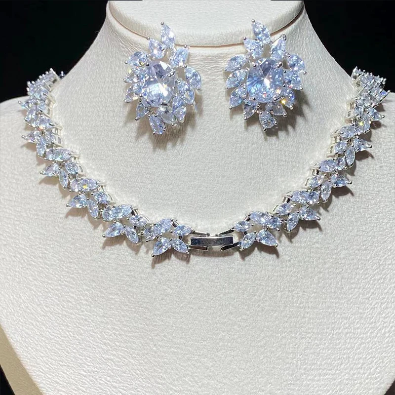 Luxury Bridal Jewelry Set Gorgeous Water Drop Cubic Zirconia Ladies Party Wedding Necklace And Earrings X-0010