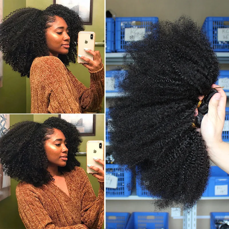 

Mongolian Afro Kinky Curly Hair Weave With Closure Natural Black 4B 4C Virgin Human Hair Bundles Extension 3 Dolago Products