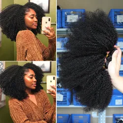 Mongolian Afro Kinky Curly Hair Weave With Closure Natural Black 4B 4C Virgin Human Hair Bundles Extension 3 Dolago Products