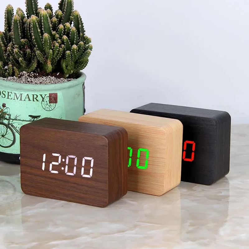 LED Wooden Alarm Clock Watch Table Voice Control Digital Wood Despertador Electronic Desktop USB/AAA Powered Clocks Table Decor