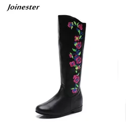 Spring Women PU Leather Long Boots Floral Embroidered Retro Wedges Booties Ladies Mid-Calf Fashion Boot Autumn Dress Shoes