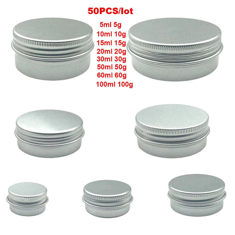 50Pcs 5g 10g 15g 20g 30g 40g 50g 100g Aluminum Jar 5ml 10ml 15ml 20ml 30ml 40g 50ml Empty Cosmetic Metal aluminum Tin Containers