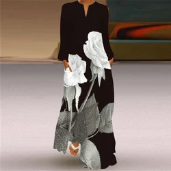 MOVOKAKA 3D Rose Printed Black Dress 2026 Autumn Long Sleeve Beach Casual Vintage Dresses Woman Elegant Girls Long Dress Women