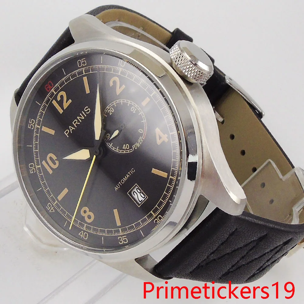 new automatic men watch 48mm date indicator leather strap stainless steel case solid backcover