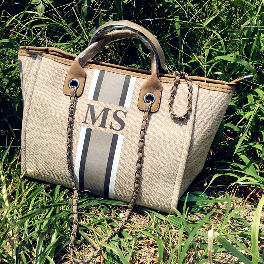 

Custom Fashion Monogrammed Canvas and Leather Travel Tote Bags, Custom striped with initials Mommy Shopping Jute Beach Tote Bag