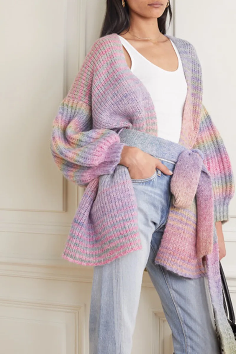 Qiukichonson Vintage Gradient Rainbow Striped Cardigan Knit Women Lantern Sleeve Tunic Belted Cardigan Coat Gardigan pull femme