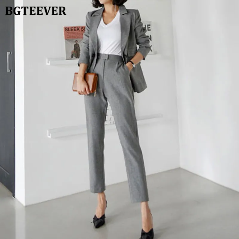 BGTEEVER Two-piece Women Trousers Suits Long sleeve Double Solid Blazer Pants Sets Office Ladies Elegant Pant Suits 2021 Autumn