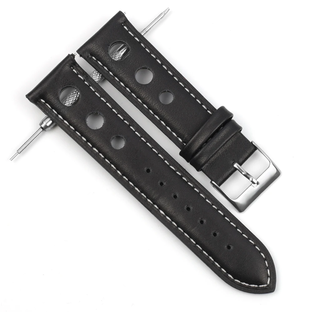 Genuine Leather Handmade Vintage Wrist Band Watch Strap Belt 18mm 20mm 22mm Men Watchband Hollow Breathable Black Watchstrap