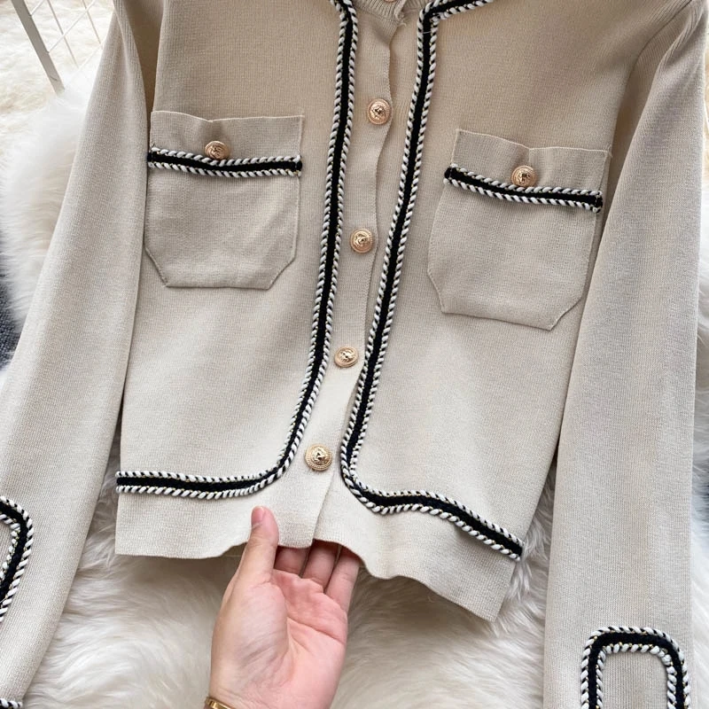 Fashion Brief Temperament Knitted Pants Two piece Casual Set Women Braided trim Gold Button Cardigan Sweater and Pants Suits