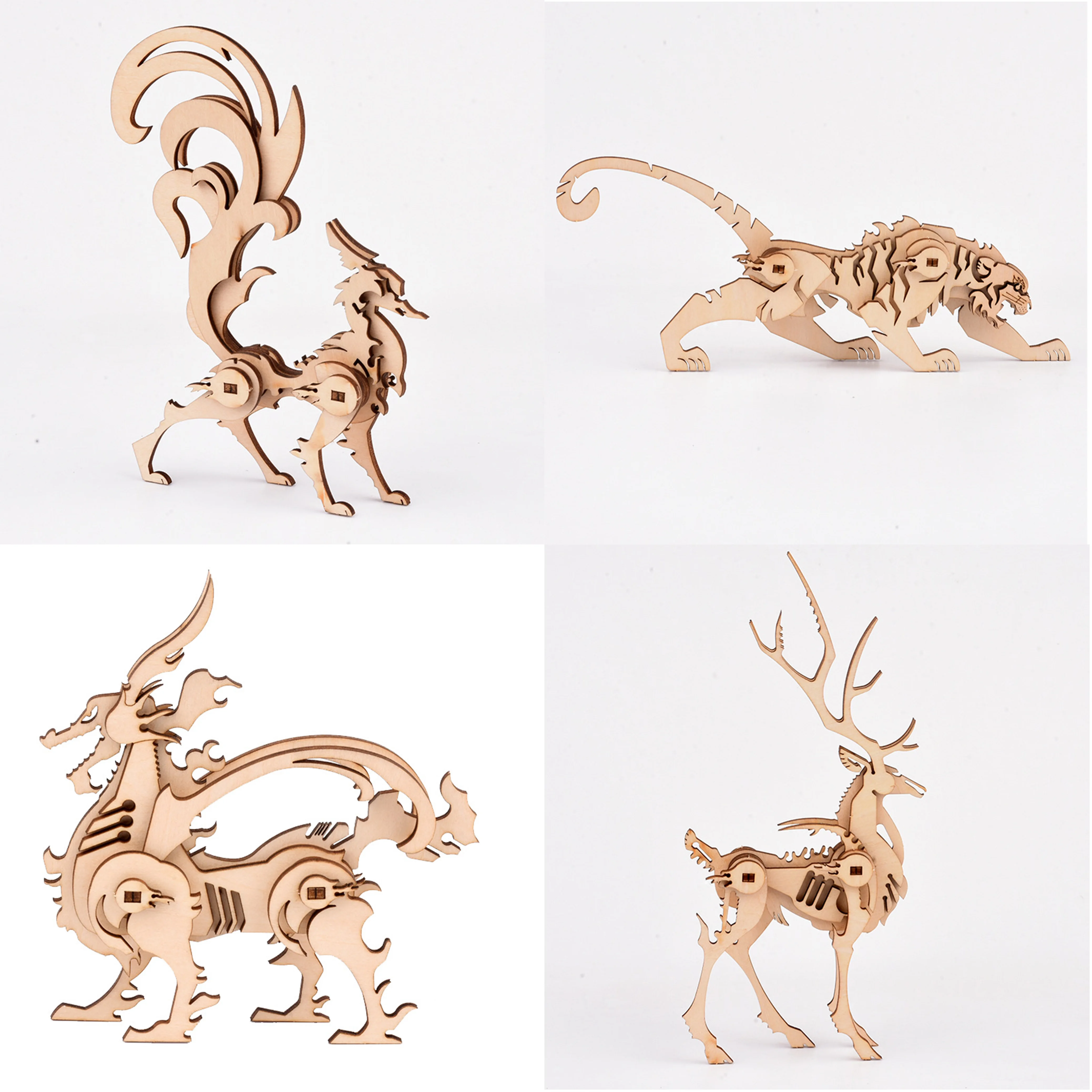 DIY Laser Cutting 3D Wooden Puzzle Animals Deer Tiger Fox Dragon Toys Assembly Kits Desk Decoration for Children Kids