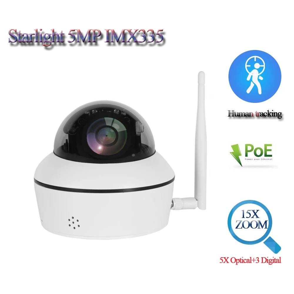 

H.265 5MP Waterproof Starlight wifi surveil Mini PTZ POE IP Dome Network Camera 5X 2.7-13.5mm Zoom Lens Sony IMX335, Camhi