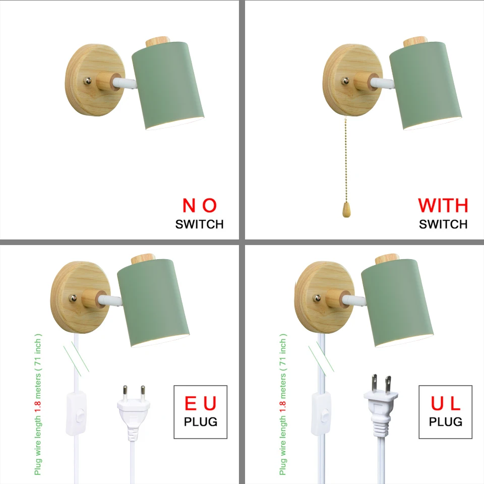 북유럽 스타일 실내 벽 램프, 6 색, 지퍼 스위치, EU/UL 플러그, 벽 조명, 집, 침실, 거실, 통로 장식