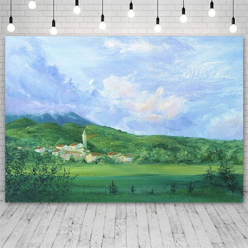 

Mehofond Pastoral Oil Painting Style Backdrop Grassland Blue Sky Town Portrait Photography Background Props Photo Wallpaper Bann