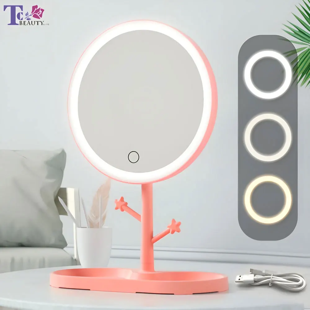 LED Makeup Mirror With Light Ladies Storage Makeup Lamp Desktop Vanity Mirror Round Shape Cosmetic Mirrors Women Christmas Gifts