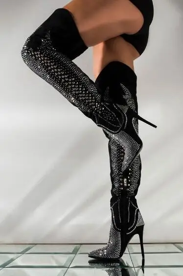 Fashion Woman Sexy Rivets Rhinestone Over The Knee Boots Pointed Toe 120 mm Stiletto Heels Night Club Long Boots Dance Shoes