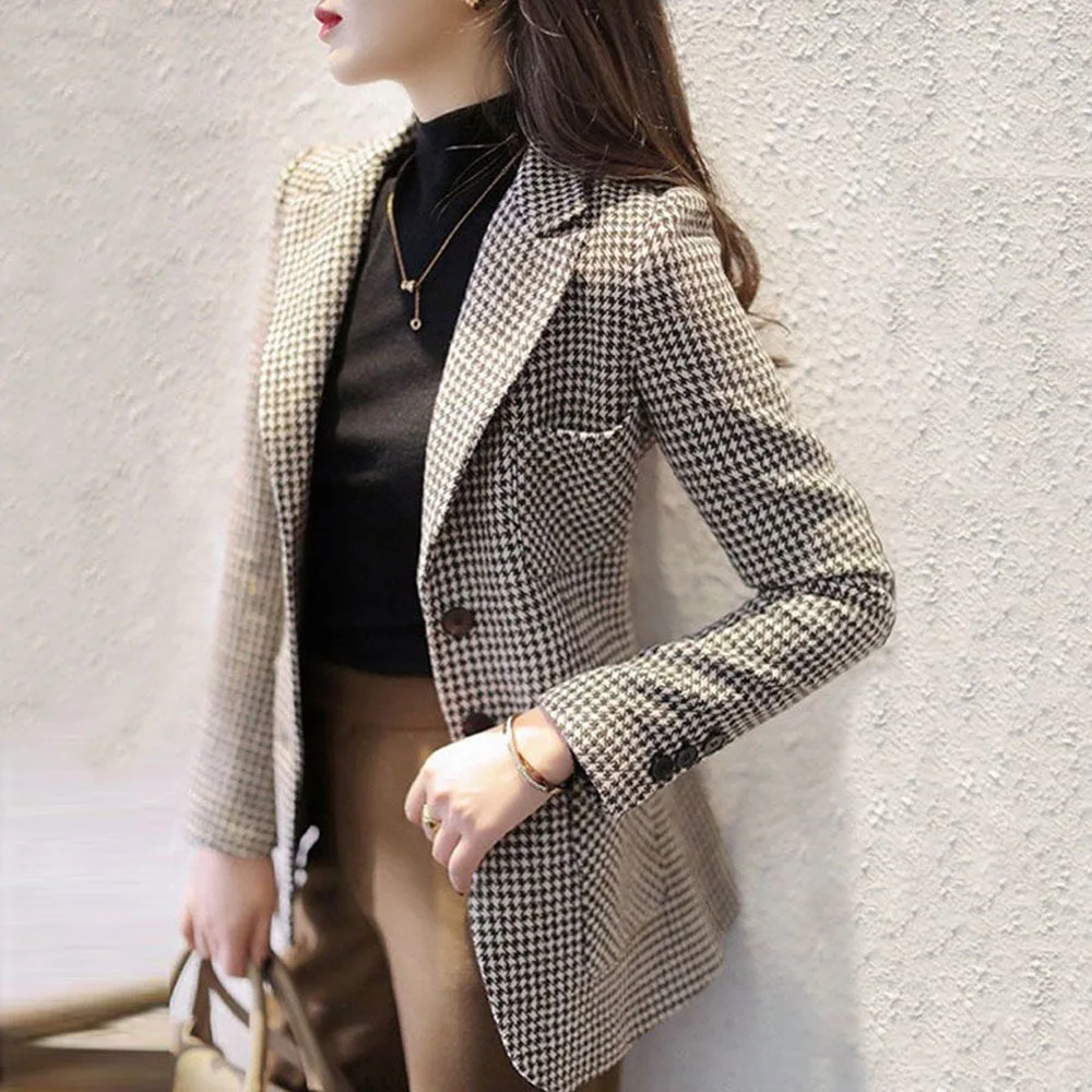 Women Plaid Mid-Length Slim-Fit Coat Temperament Suit Jacket Female Lady 2023 New Houndstooth Woolen Small Blazer Jacket