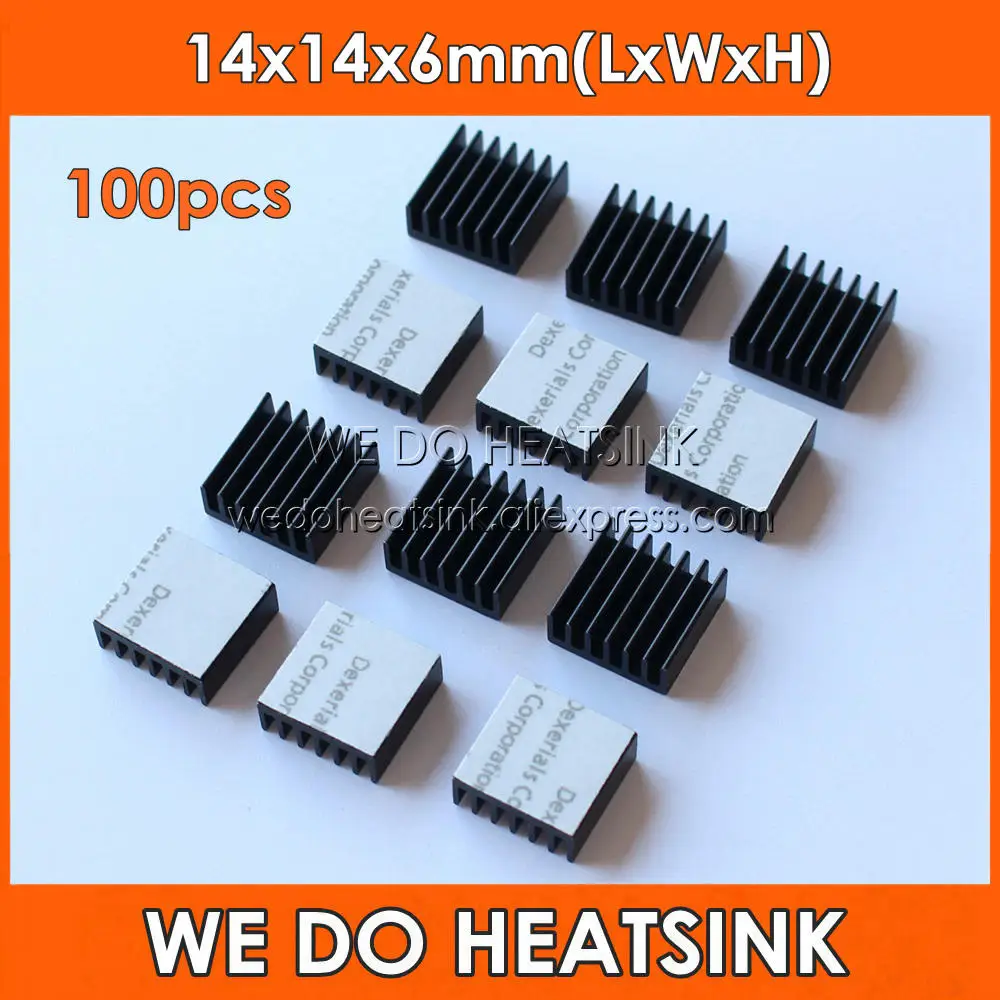 100pcs 14x14x6mm Black  Heat Dissipation Aluminum Heatsink Cooler With Thermal Conductive Double Sided Tape