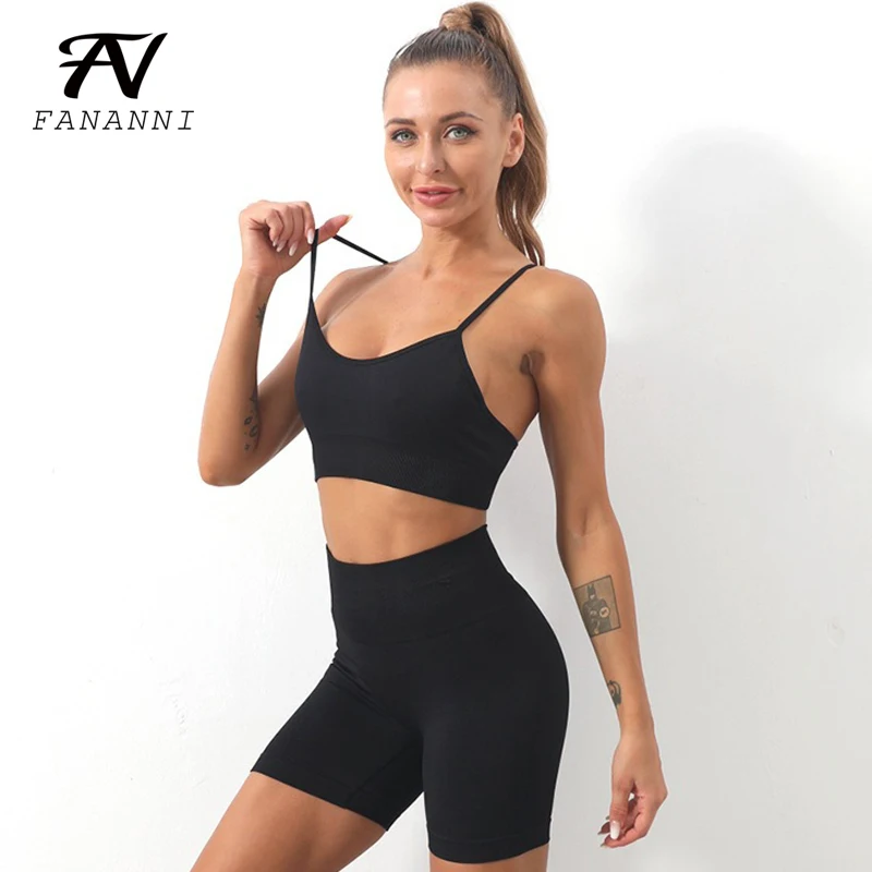 

FANANNI Sports Yoga Suit Women 2021 New Quick-Drying Yoga Vest Shorts Two-Piece Sports Running Seamless Fitness Bra Set