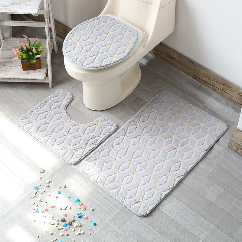 

Geometry Pattern Toilet Rugs Set, Bathroom Bath Mat, Toilet Carpet Set, Absorbent Bathroom Door Mat, PV Velvet Toilet Lid Cover