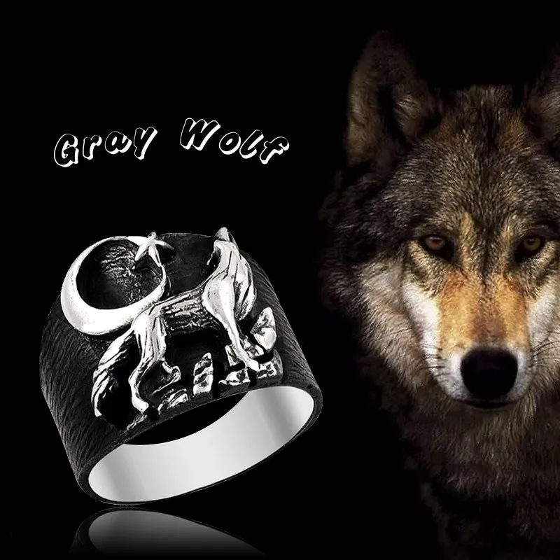 Gray Wolf Ring 925 Silver Moon and Star Turkish Rings for Men Embossed Wolf Ring