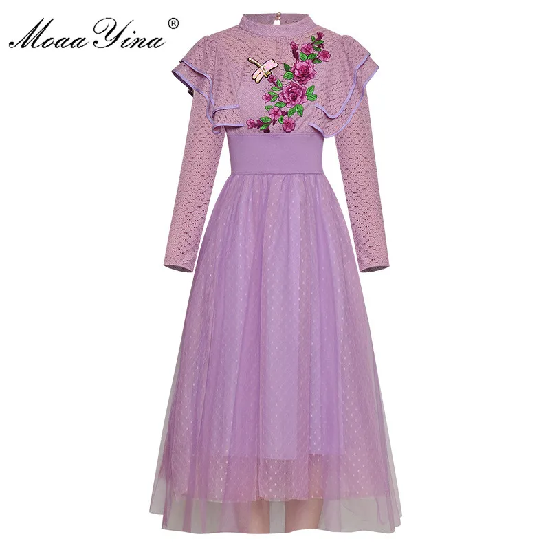 

MoaaYina Fashion Designer Runway dress Spring Autumn Women's Dress Ruffles Long sleeve Beading Sequin Embroidery Slim Dresses