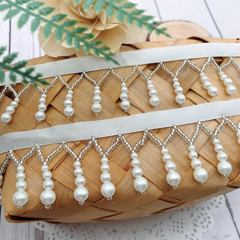 Hanfu Pearl Gourd Pendant Fringe Ribbon Sewing Beige Tassel Lace Fabric Knitted Fabric Beaded Curtain Handmade Craft Accessories