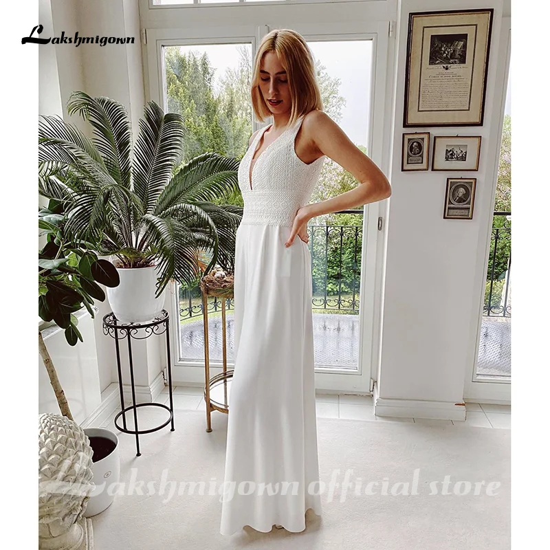 Mono De encaje para mujer, vestidos De Novia blancos, traje De boda para playa, vestidos De Novia bohemios con cuello en V, vestidos De Novia 2022