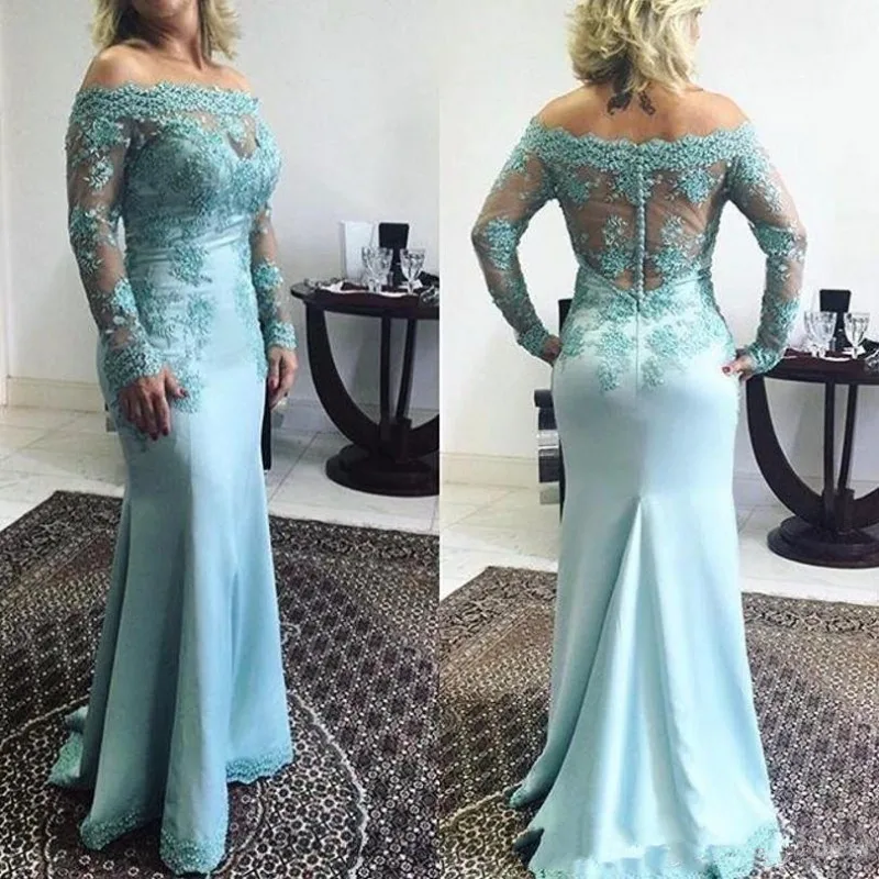 

Mother of the Bride Dresses 2025 Off the Shoulder Long Sleeve Plus Size Lace Mermaid Sky Blue Bridal Gowns Customized