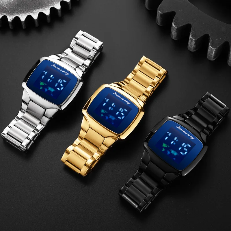 Square Stainless Steel Band Electronic Watch Personality Fashion Map Gold Blue Luxury Men\'s Watch LED Wrist Watch Birthday Gift