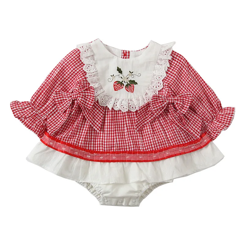 Summer Infant Girl Romper Baby Plaid Rompers Cherry Embroidery Jumpsuit Newborn 1st Birthday Baptism Boutique Clothing