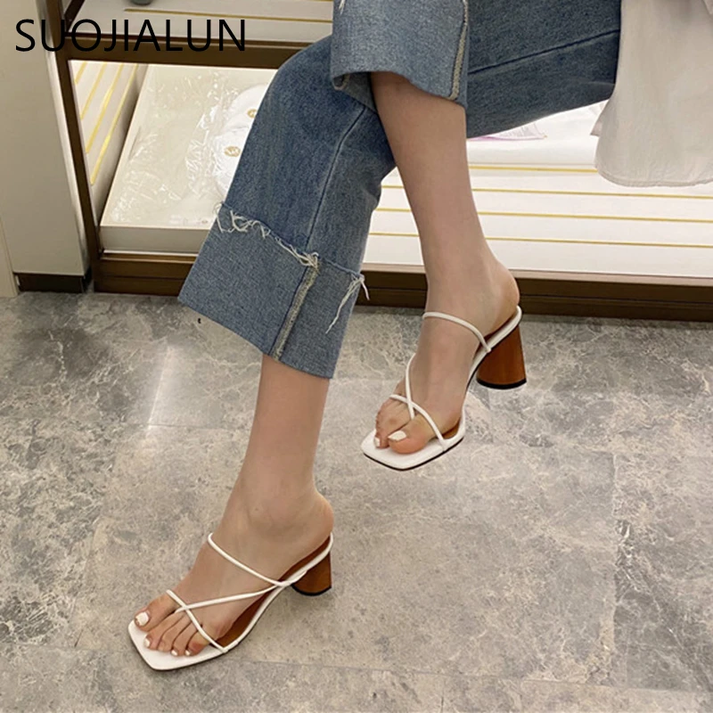 SUOJIALUN New Summer Slippers High Heel Slides Big Size 41 Narrow Band Sandal Summer Outdoor Vacation Slides Flip Flops Mujer