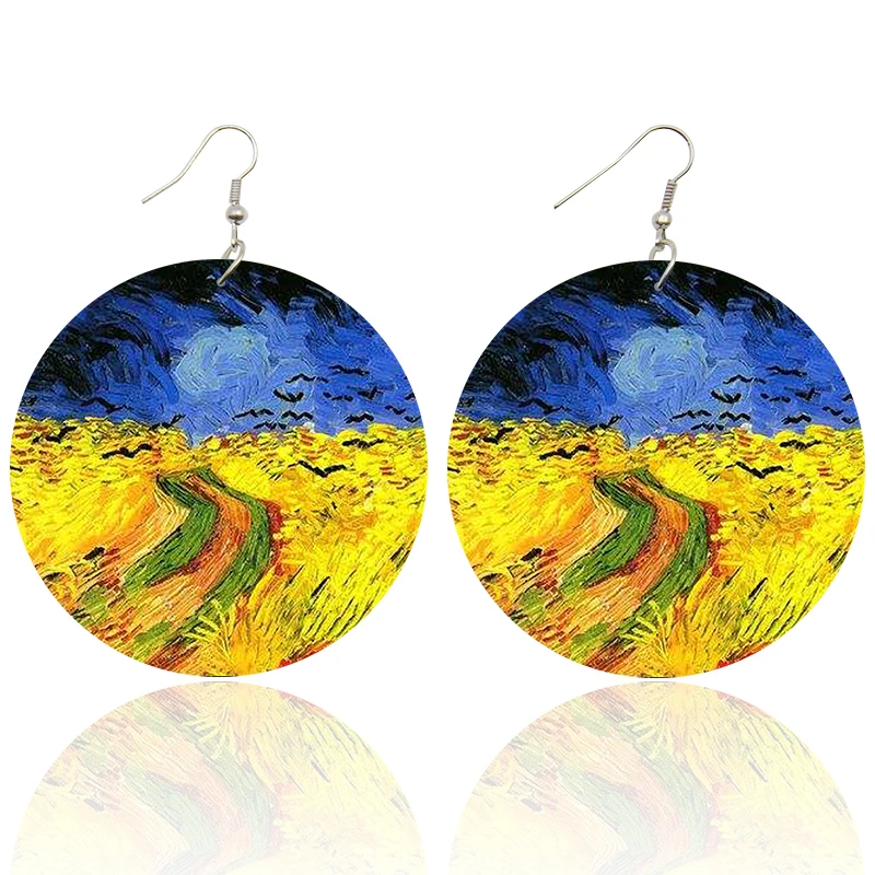 Voikukka Jewelry Van Gogh Paintings Self  Portrait Pattern Wooden Both Sides Print Pendant Drop Women Earrings For Gifts