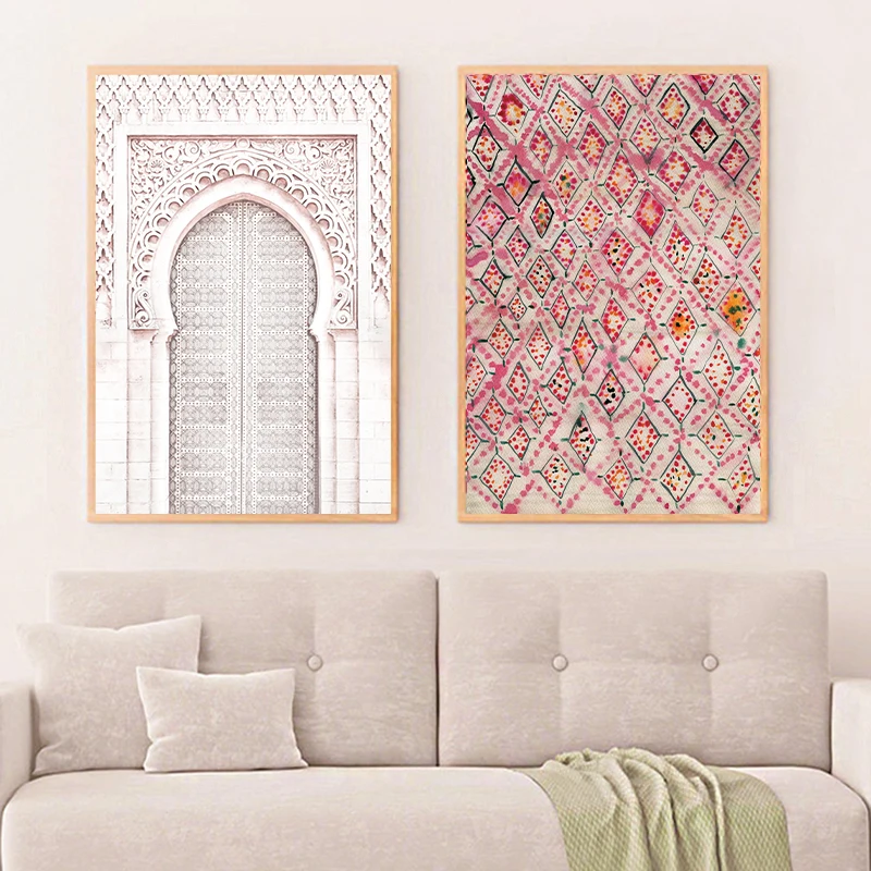 Vintage Pink Rug Art Prints Boho Wall Decor Eclectic Poster , Ancient Gate Morocco Door Art Canvas Painting Artwork Pictures