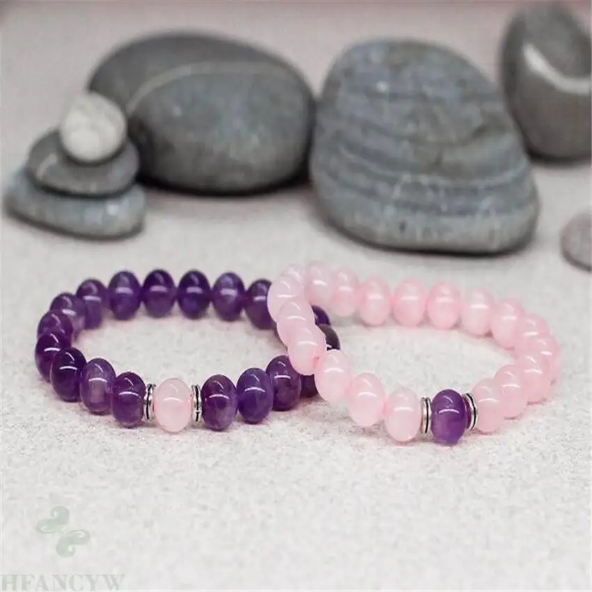 

2pcs Amethyst Rose Quartz Bracelet 7.5 inches Buddhism Monk Sutra Wrist Cuff Lucky Energy Yoga Men Unisex Meditation Mala Prayer