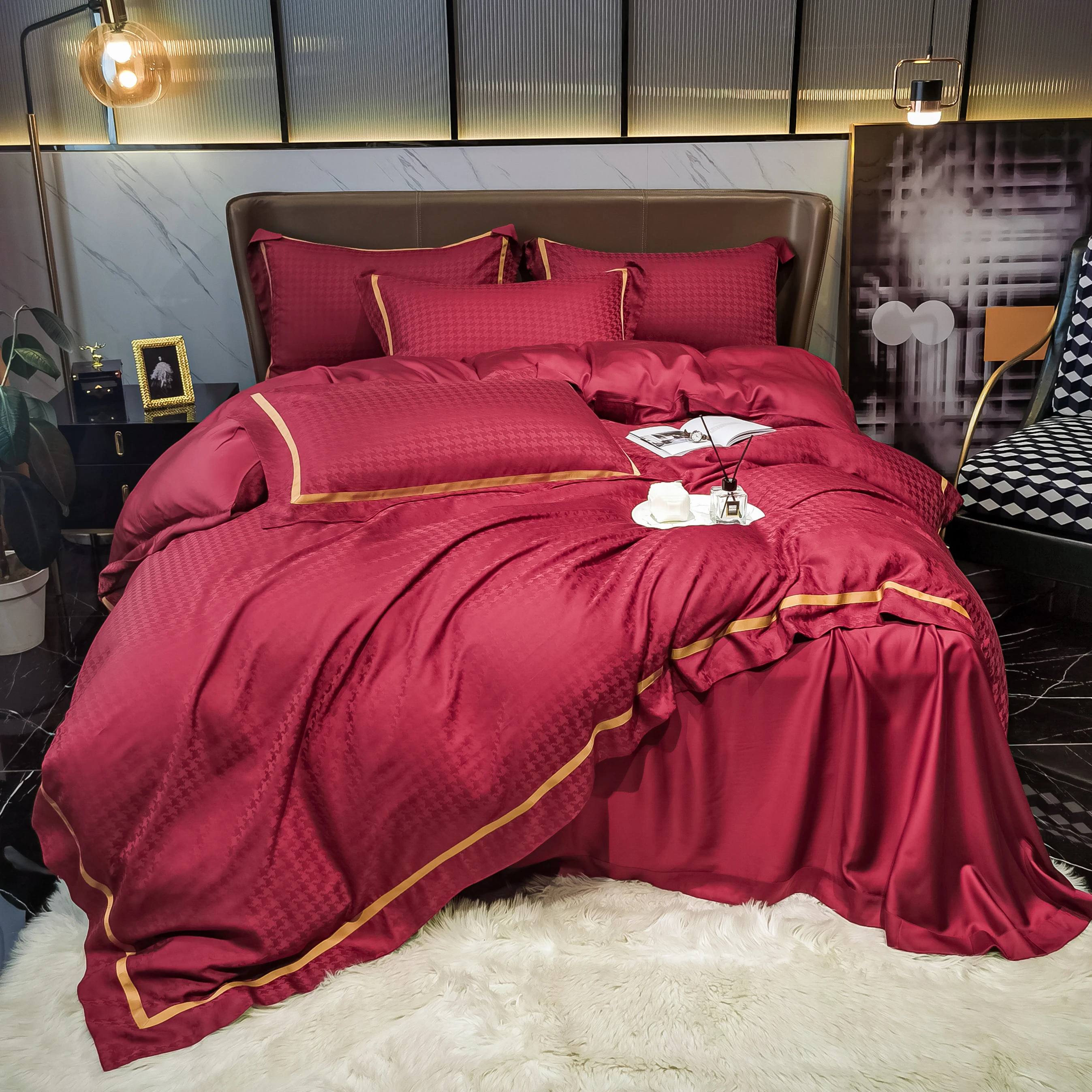 2021 Four-piece bedding simple cotton double household bed sheet quilt cover embroidered twill comfortable bedding red color