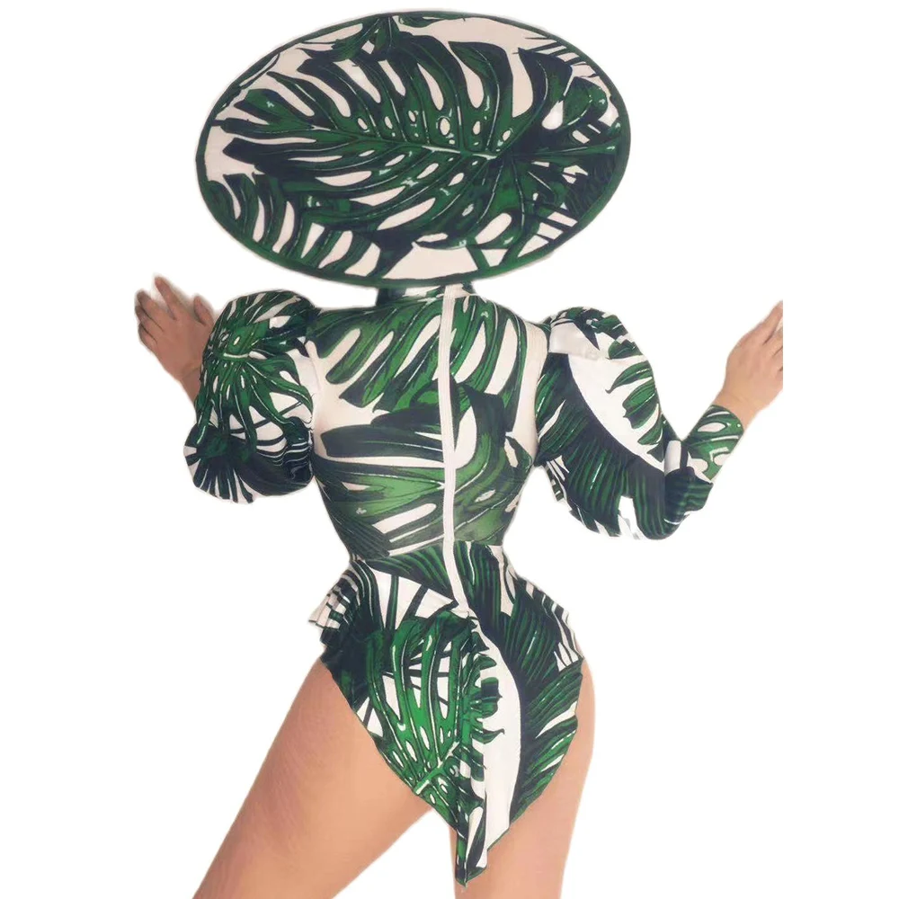 Women Bodysuits Long Sleeve Pattern Printing Three-Piece Suit Personality Performance Costume Ladies Club Costume Stage Wear