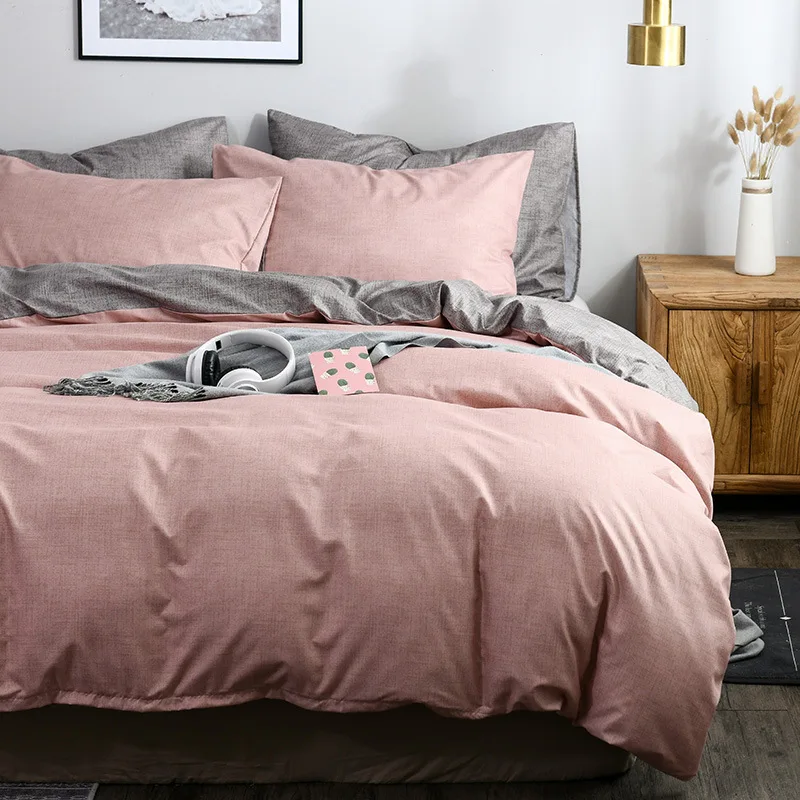 

mylb Queen King Full Size Comfortable Bedding Set Solid Color Gray pink Duvet Cover texture grain plain color quilt pillowcase