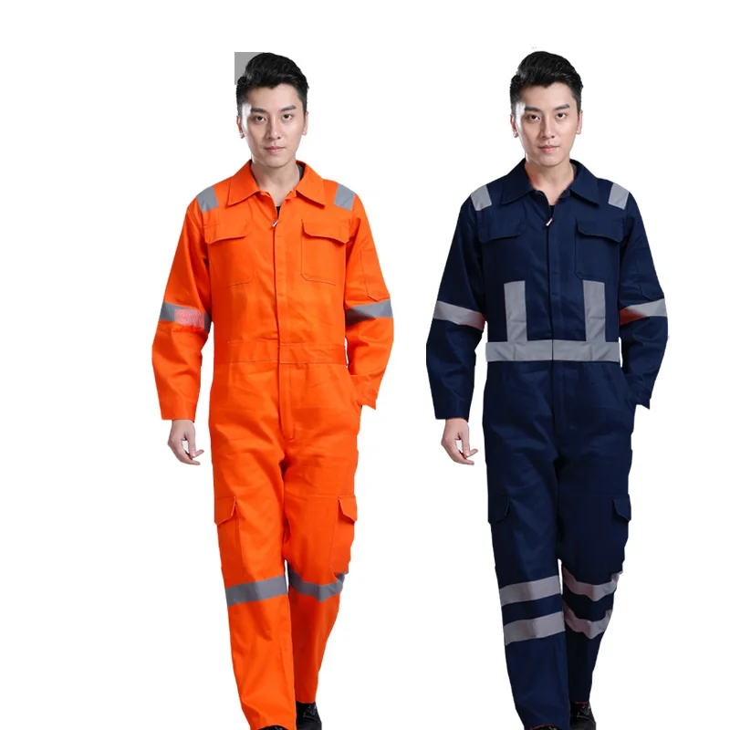 Men Work Uniforms Hi Vis Overalls Workwear Safety Reflective Tapes Blue Orange Workwear Workshop Mechanical Working Coveralls