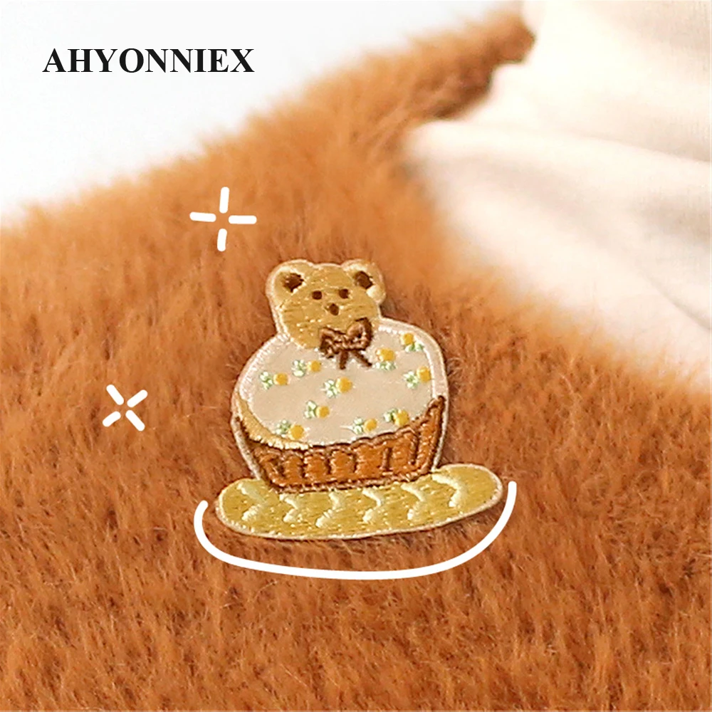 AHYONNIEX 1 Piece Bear Cake Dessert Embroidery Repair Patches Bag Jeans Cartoon Iron On Patches for Handbook Small Glue Sticker